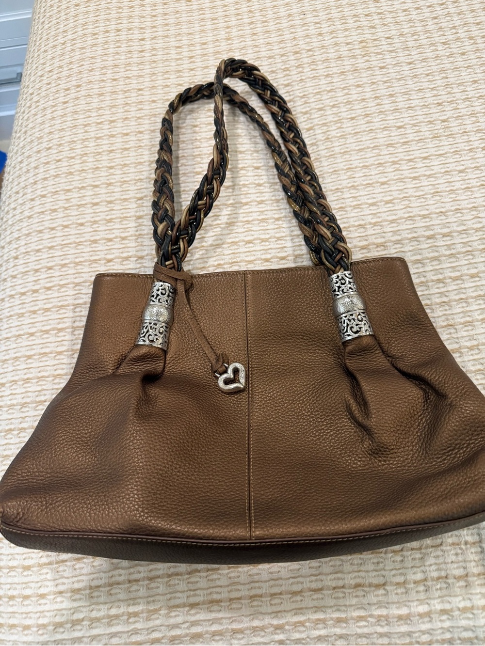 Brighton Braided-Handle Brown/Pewter Leather Shoulder Bag with Heart Charm